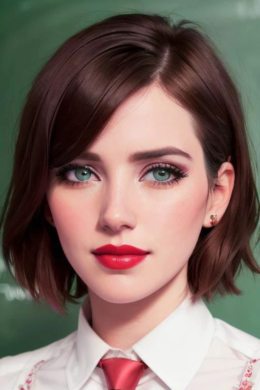 photo of a woman, emmaroberts-2328:0.99,((short hair):1.2) ((necktie, white shirt, skirt)), (smug, horny), ((closeup, portrait)),((chalkboard, classroom):1.1),((red lipstick,heavy eyeliner, heavy eye shadow, blush):1.2), ((best quality, masterpiece, extrem...