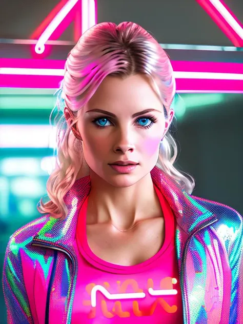 photo of (triciapoe:0.99) (Wearing a neon pink shirt with a silver metallic vest and a holographic jacket:1.4), detailed face, realistic skin, high quality, (darkblue eyes:1.1), Leica 50mm, f1. 4, natural light, grainy, (high detailed skin:1.2), high detai...