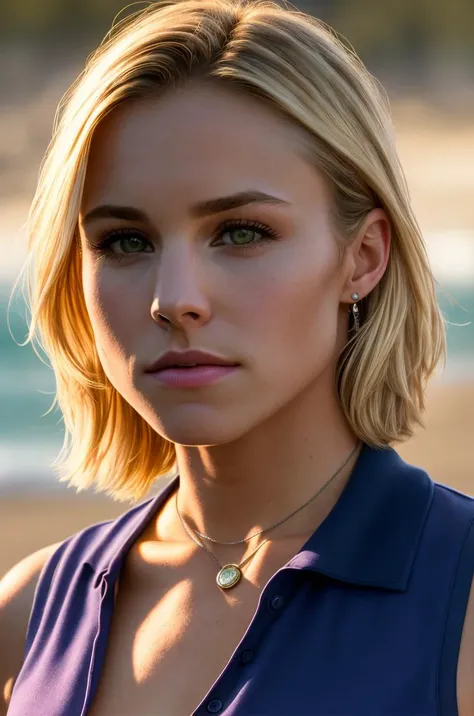 (VeronicaMars:0.99) Wearing a (sleeveless argyle:1.3) (over a polo shirt:1.2), with a beach in the background, (RAW, analog, Nikon Z 85mm, award winning glamour photograph, ((best quality)), ((masterpiece)), ((realistic)), radiant light rays, highres, deta...