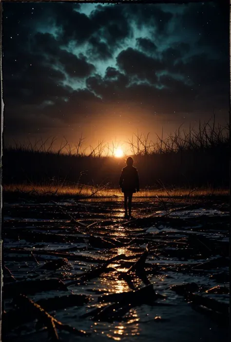 a person standing in a puddle of water at sunset