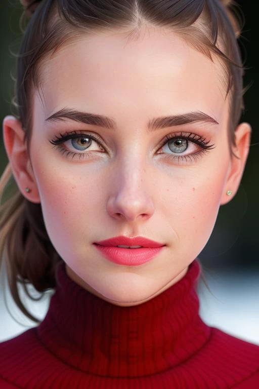 photo of a woman, emmarob:0.99, ((pale skin)), ((hair up, hair in bun, dark brown hair):1.2)((turtleneck sweater):1.2),((closeup, portrait)),((outdoors, snow, city):1.2),,((red lipstick, eyeliner, eye shadow, blush):1.2), ((best quality, masterpiece, extre...