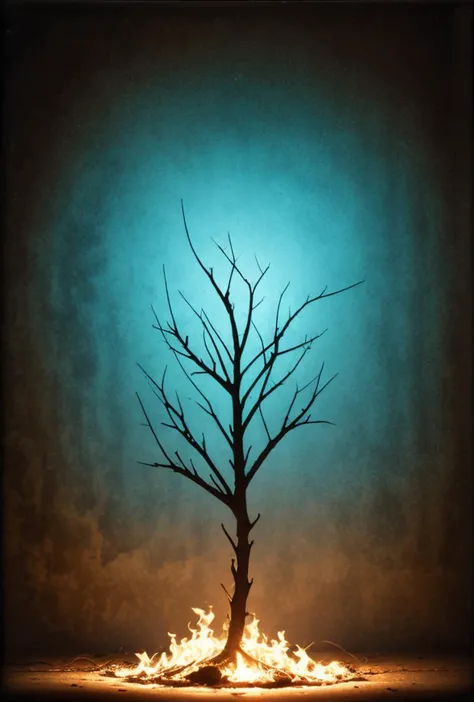 (sculpture art, happy, one color, double exposure, sad, impasto, cold colors, atmospheric 1940's (the burning bush:1.2) from ins...