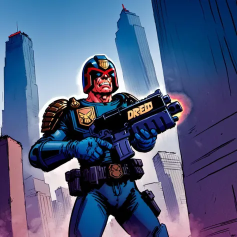 Judge Dredd aiming (a bltgun bolter weapon) in his hand,   city street, traffic, skyscrapers,