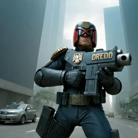 Judge Dredd aiming (a bltgun bolter weapon) in his hand,   city street, traffic, skyscrapers,  High quality 3D rendering, fantasy, Pixar 3D character design style, ZBrush high-polygon modeling,