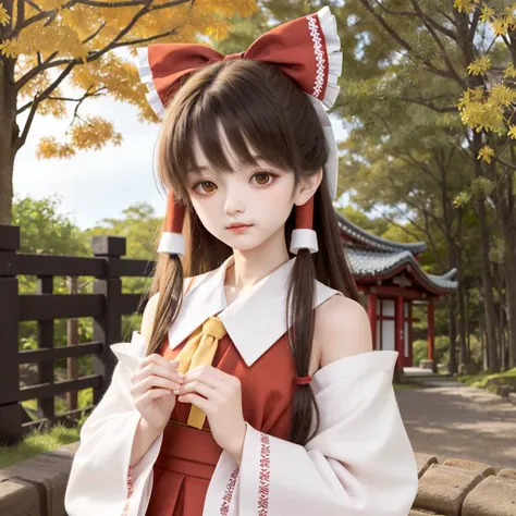 (masterpiece, best quality, ultra-detailed, highres:1.2),
doll, dd, dollgirl, 1girl, pretty, (Hakurei Reimu:1.5), 
red skirt, red shirt, long sleeves, navel, bare shoulders, hair bow, frills, wide sleeves, detached sleeves, hair tubes, yellow ascot,
intric...