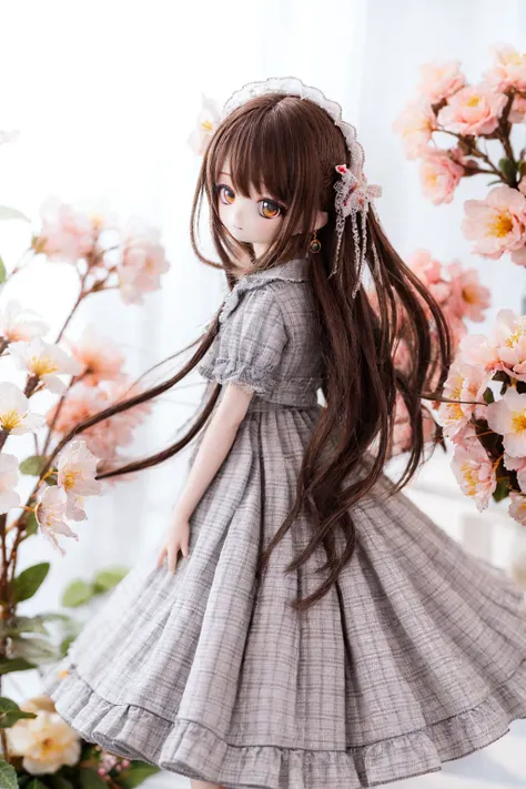 a doll with long hair and a dress standing in front of flowers