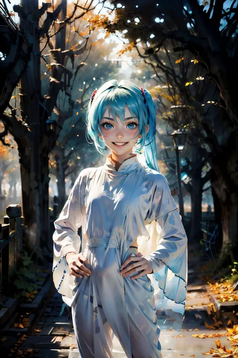 hatsune miku, blue eyes,blue hair, wearing a white ghost costume,ghost, looking at viewer, evil grin, happy, blush, upper body shot, 
standing, hands on hips, outside, park, trees, autumn, overcast, fog, mist, extreme detail, masterpiece,  <lora:md:.9>