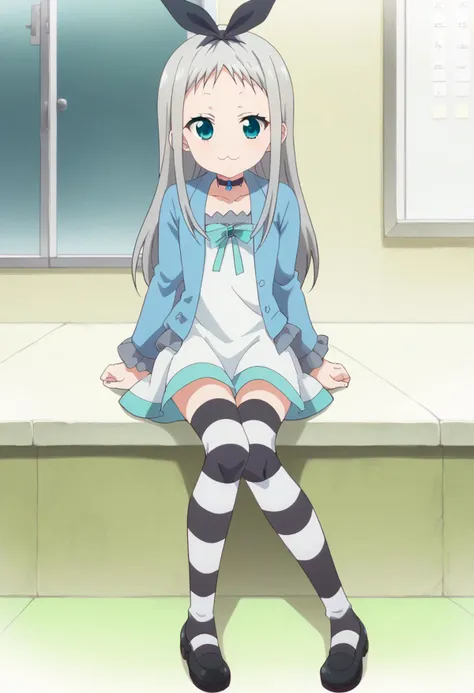 anime girl sitting on a bench with her legs crossed