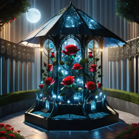 hyper detailed masterpiece, dynamic, awesome quality,DonMT3chW0rldXL enchanted rose tower, cement board, halogen floodlights, patio umbrella lights <lora:DonMT3chW0rldXL-000009:1>