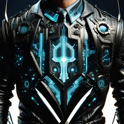 a close up of a man in a futuristic suit with a tie