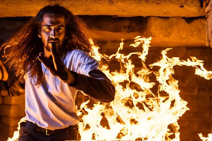 arafed man with long hair standing in front of a fire