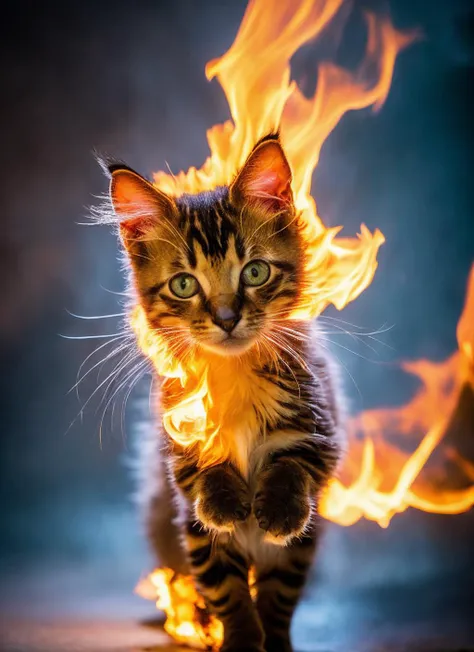 a close up of a cat running through a fire ring