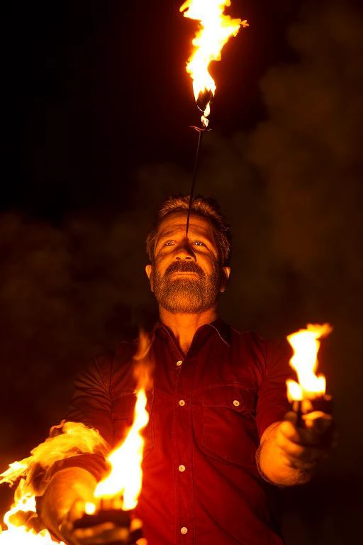 a man holding a fire stick with a fire in his hand