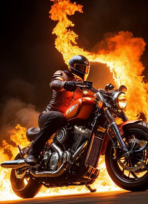 motorcycle rider in full gear riding through a fire filled street