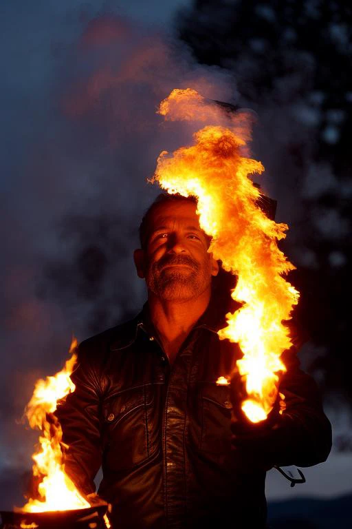 a man in a leather jacket holding a fire bucket