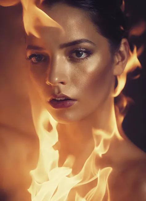 a woman with a fire on her face and a black background