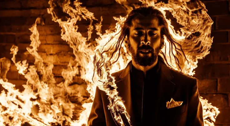 arafed man with dreads and a suit standing in front of a fire