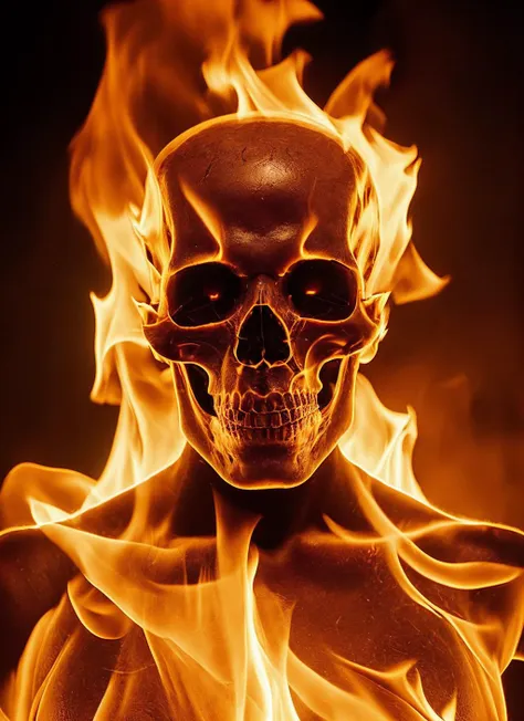 a close up of a skull with flames on a black background