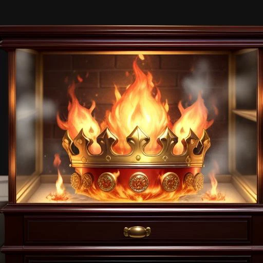 a close up of a fire with a crown on top of it