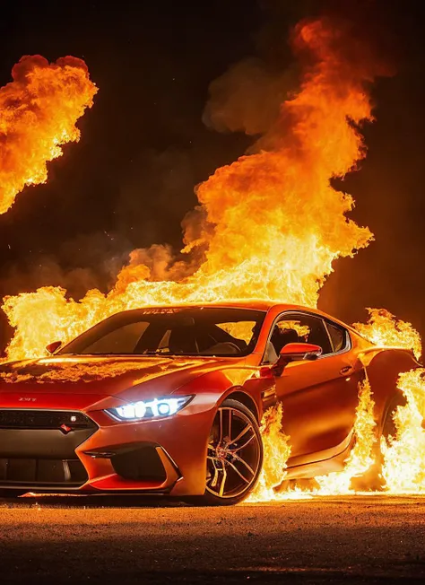 a red sports car is on fire with flames coming out of it