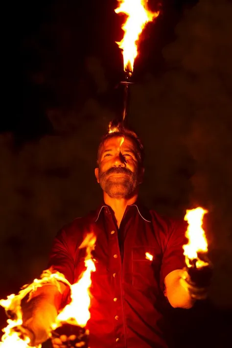 arafed man with a mustache and moustache holding a fire stick