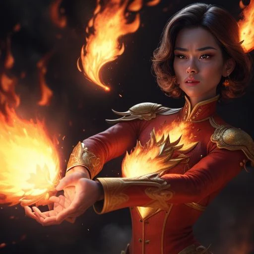 a woman in a red and gold outfit holding a fire ball