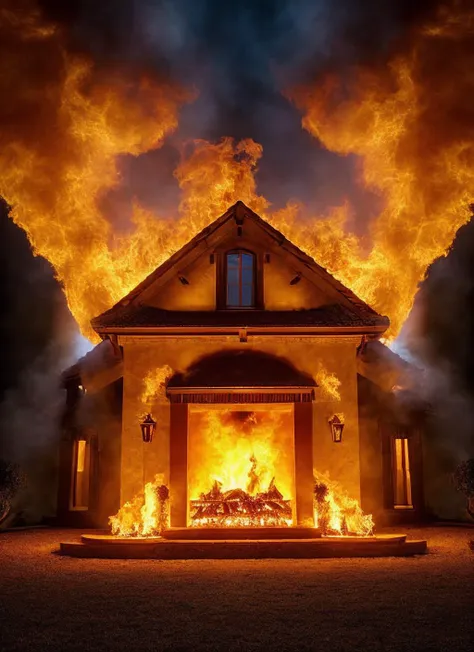 a fire burns in front of a house with a fire escape door