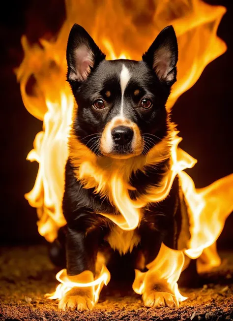 flmngprsn flames, epic fantasy cute dog burning, epic  (photo, studio lighting, hard light, sony a7, 50 mm, hyperrealistic, big depth of field, mate skin, pores, wrinkles, concept art, colors, hyperdetailed, hyperrealistic)  <lora:locon_flmngprsn_v1_from_v...