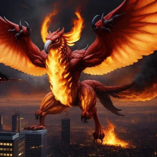 a red dragon flying over a city with a fire in the air