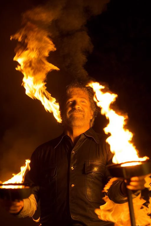 a man holding a bowl of fire in front of a fire