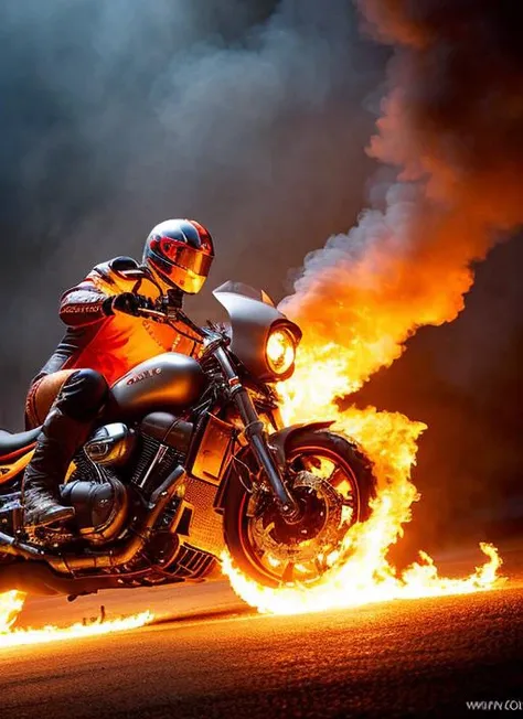 arafed man riding a motorcycle on a street with a lot of flames