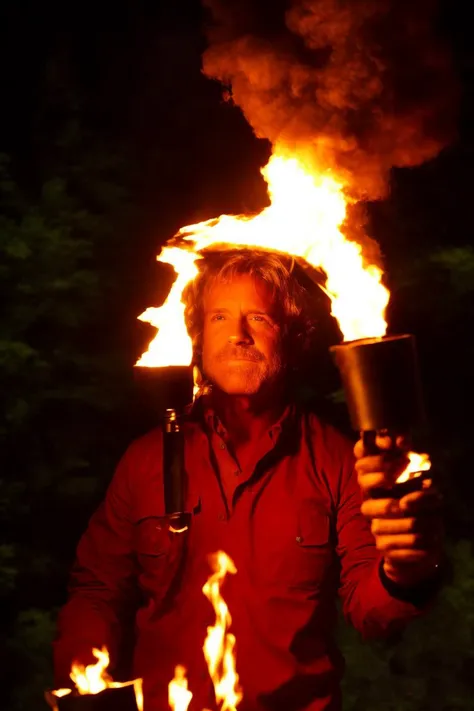 arafed man holding a lit up fire with a bottle in his hand