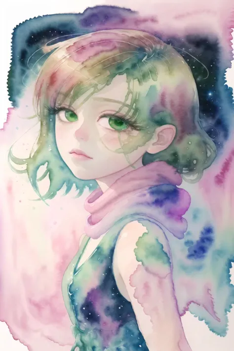 (watercolor (medium),iriscompiet:1.17),1girl,solo,<lora:IrisCompietStyle:0.6>,portrait,abstract background,space,star (sky),planet,galaxy,<lora:Disguss_InsideOutv1:0.9>, pink scarf, dark green dress, green skin, eyelash,