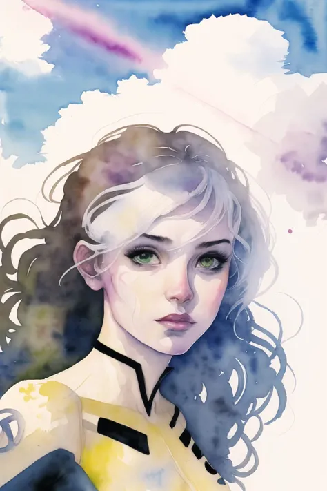 (watercolor (medium),iriscompiet:1.11),1girl,solo,portrait,<lora:IrisCompietStyle:0.6>,portrait,abstract background,floating,sky,clouds,sunbeam,<lora:Rogue:1>,Rogue,Superhero, classic,