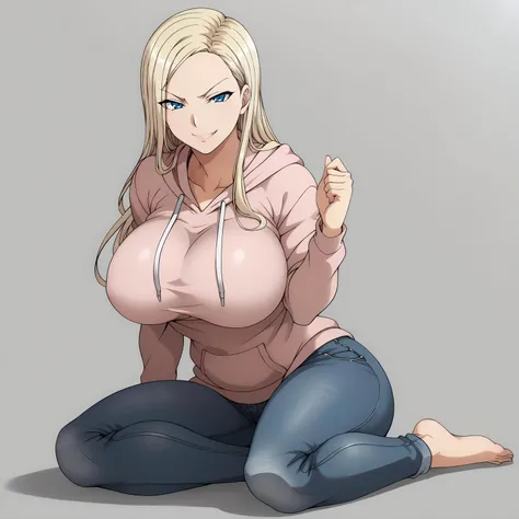 <lora:ReinaKurashikiXLpony001>,smirk,
solo,
ReinaKurashiki,1girl,blonde hair,long hair,blue eyes,
large breasts,
hoodie,jeans,
full body,