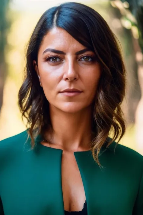 a woman with a green jacket and black top looking at the camera