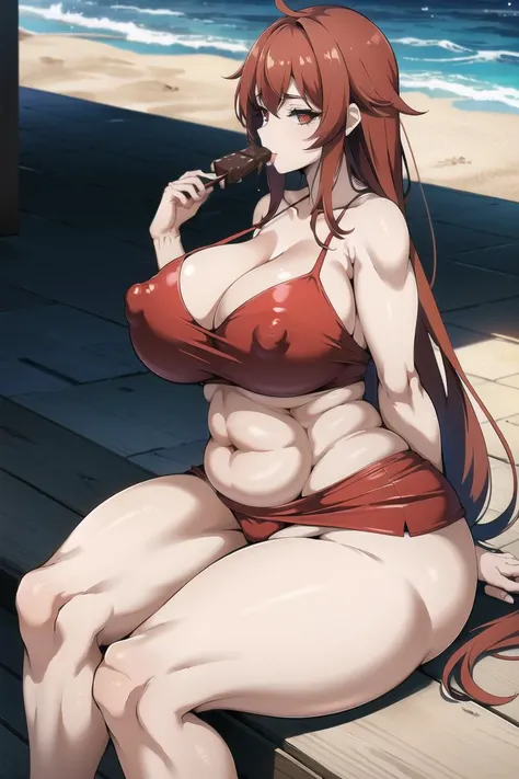 ((best quality)), ((masterpiece)), absurdres, colorful, sunny atmosphere, beach, 1girl, from side, sitting, eating ice cream, ice cream, presenting, thick thighs, plump, belly, (revealing clothes:1.2),  (mature female:1.2),  (gigantic breasts:1.2), red hai...