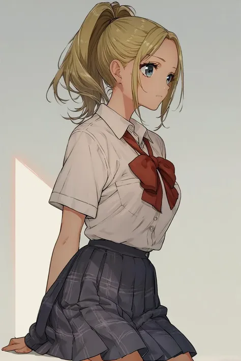 anime girl in school uniform sitting on the ground with her legs crossed