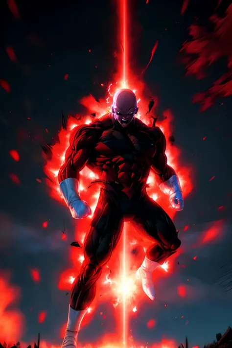 masterpiece, high quality, jiren, muscular, solid black eyes, red body suit, white gloves, full body shot, power up pose, yelling, glowing red aura around body, energy, sparks, reflective light, debris flying, outside, park, dynamic angle.  <lora:Jiren_1:....