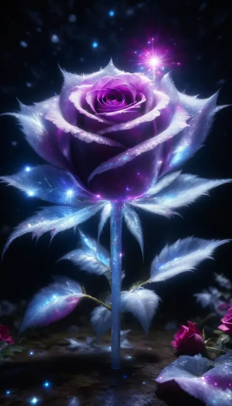 ral-exposure,<lora:ral-exposure:1>,
a (frozen:1.1) cosmic rose,made up of nebulae,the petals glitter with a crystalline shimmer,swirling nebulas,8k unreal engine photorealism,ethereal lighting,purple,nighttime,darkness,surreal art,