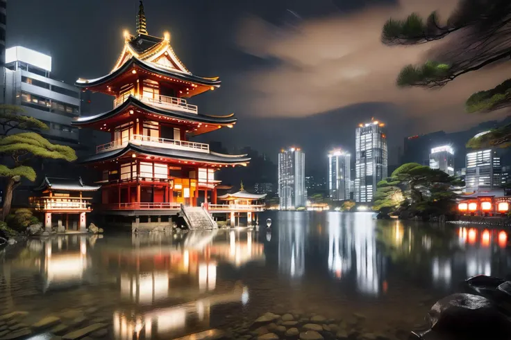 ral-exposure, long exposure photo of tranquil japanese temple at a lake in the middle of a (busy japanese city with high rises:1.4) at night, light trails <lora:ral-exposure:1>  <lora:add-detail-xl:1> misc, (masterpiece:1.2), best quality, (hyperdetailed, ...