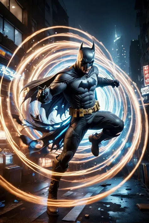 Fighting game style ral-exposure,<lora:ral-exposure:0.7>,batman,drink a cocktail,the strangeness of the wonderful movements of the notes fully demonstrated,aerial view of the city,swirling light around,motion blur,light stripe,surreal,dreamlike,long exposu...