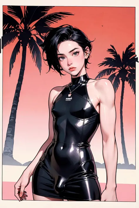 (GS-Boyish:1.5), retro femboy, otoko no ko, wearing black latex dress with a plunging neckline, low cut, (cloth bulge:1.0), (musclular:1.6), Miami, sunset, palm tree, 90s, (flat colors, flat texture, lineart:1.2), graphical design, (heavy ink, ink blacks),...