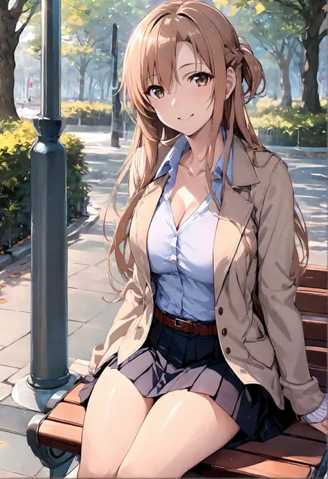 masterpiece, best quality, SimplePositiveXLv2, yuuki asuna, 1girl,solo,long hair,looking at viewer,smile,bangs,skirt,brown hair,shirt,long sleeves,brown eyes,sitting,collarbone,white shirt,braid,pleated skirt,outdoors,open clothes,collared shirt,belt,black...