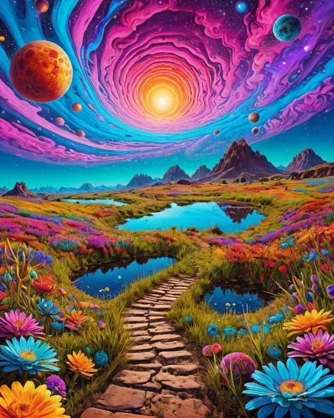 a painting of a colorful landscape with flowers and planets