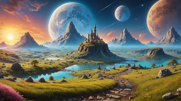 a painting of a fantasy landscape with a castle and a lake