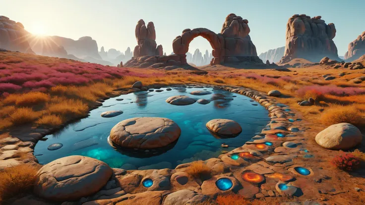 a close up of a small pond in a desert with rocks and grass