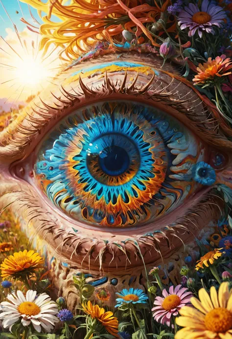 a close up of a person's eye with flowers in the background