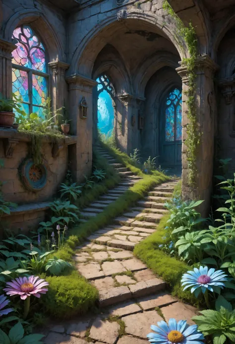 a painting of a stone path with flowers and a stone wall