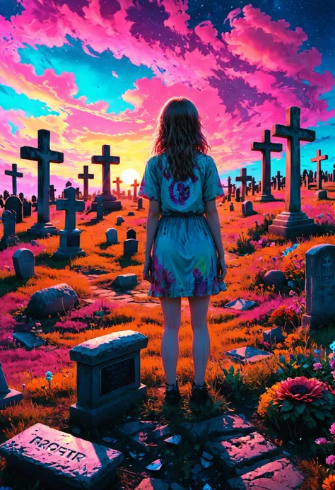 a woman standing in a cemetery looking at a sunset